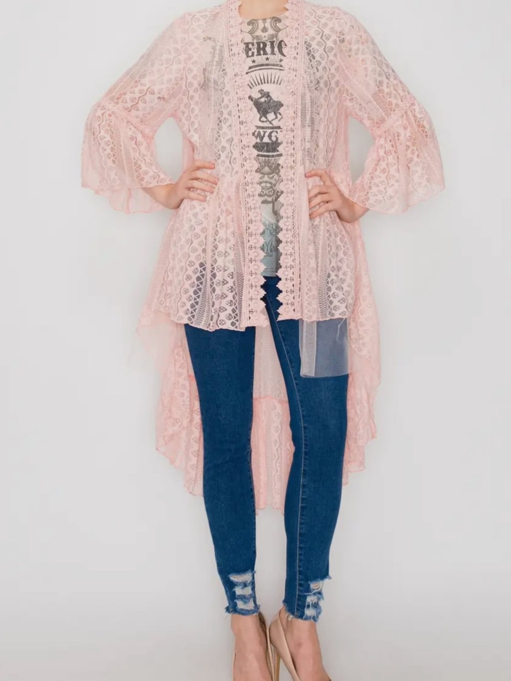 NWT Origami‎ Kimono Dress SET lace bell sleeve hi-lo Cardigan waterfall XL XXL - Picture 2 of 16